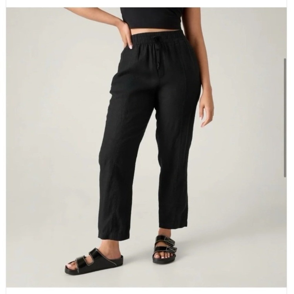 Athleta Retreat High Rise Linen Ankle Pant Medium Black Vacation Boho Resort